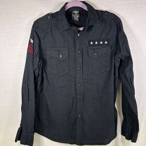 MMA Elite Mens Medium Black Military Style Long Sleeve Button Up Shirt Patch